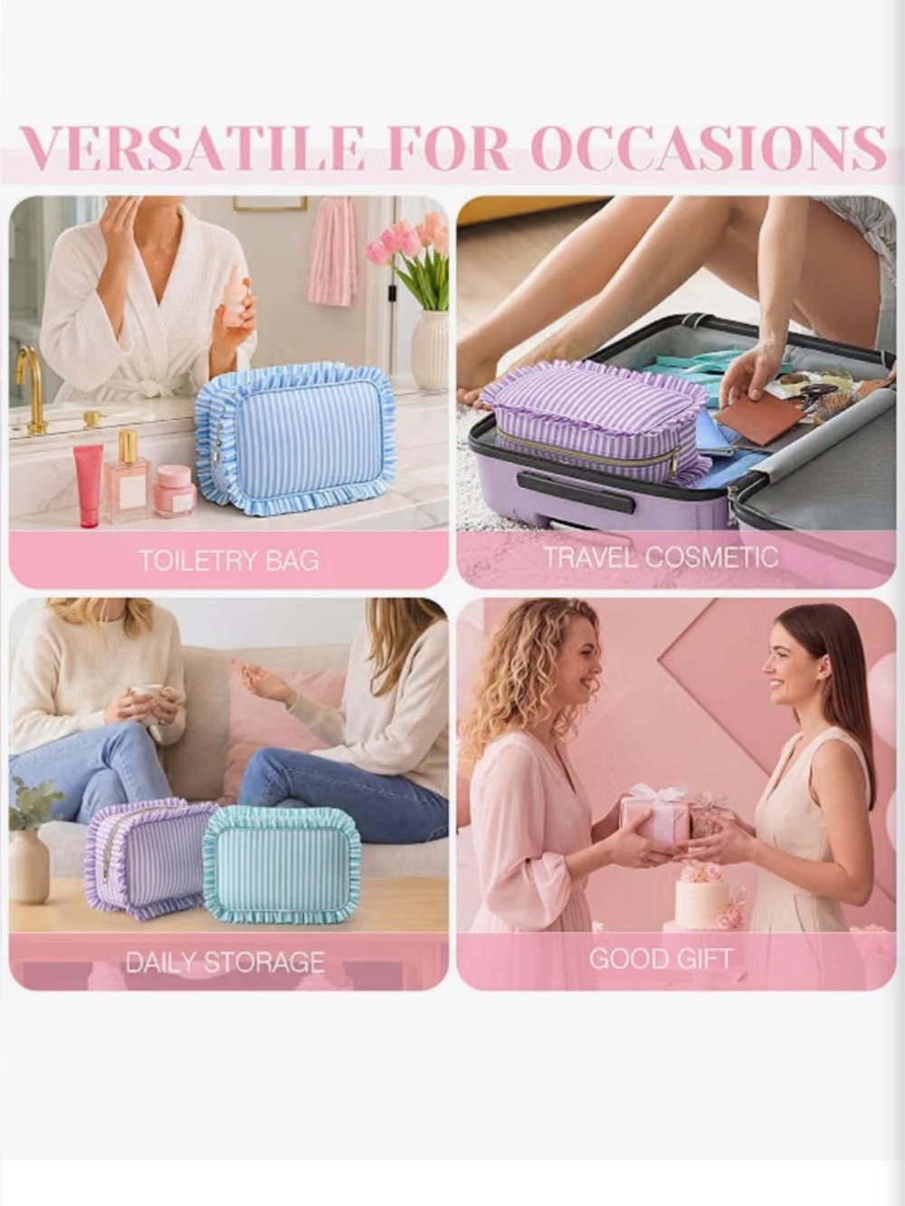 Four pastel colored cosmetic bags.